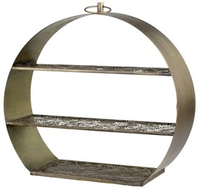 Etajeră decorativă rotundă, din metal, finisaj alamă antichizată, cu rafturi gravate, H46,5 cm, Arles