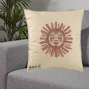 Perna Decorativa Soare Roz Tribal, 40x40 cm, Bej, Husa Detasabila, Perna Inclusa, BEKZ®