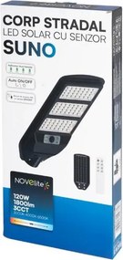 Corp Iluminat Stradal Solar LED 120W Novelite Suno cu Senzor Miscare, Protectie IP54, 3CCT Temperatura Culoare Selectabila, Eficienta Energetica