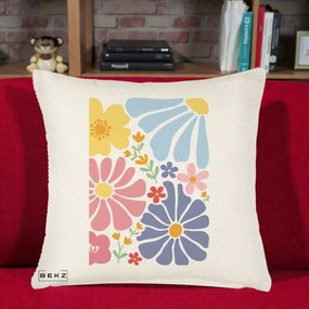 Perna Decorativa Flori Grafice Pastel Multicolor, 40x40 cm, Crem Reliefat, Husa Detasabila, Perna Inclusa, BEKZ®