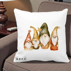 Perna Decorativa Gnomi de Craciun Patru, 40x40 cm, Alba Mata, Husa Detasabila, Perna Inclusa, BEKZ®