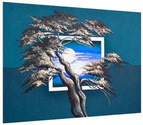 Tablou albastru cu copac și răsărit de soare (70x50 cm), în 40 de alte dimensiuni noi