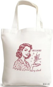 Sacosa de Panza pentru Cumparaturi, Geanta Tote, model Fairy Encounter 2 38 x 34.5 cm, Alba, BEKZ®