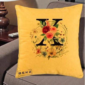 Cadou Personalizat - Perna Personalizata Monograma Florala Litera X cu Coroana, 40x40 cm, Galben, Husa Detasabila, Perna Inclusa, BEKZ®