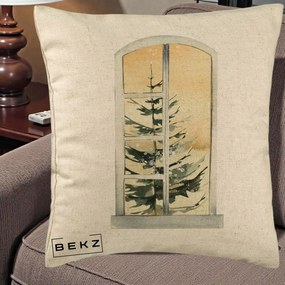 Perna Decorativa Fereastra cu Brad de Iarna, 40x40 cm, Bej, Husa Detasabila, Perna Inclusa, BEKZ®