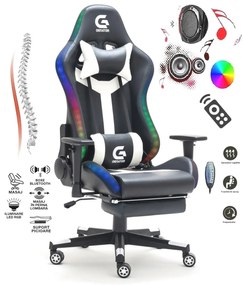 Scaun gaming, Masaj in 7 puncte, sistem iluminare bandă LED RGB, boxe Bluetooth, masaj în perna lombară, sezut benzi elastice sustinere, funcție șezlong, 90-180 grade, suport picioare, Negru/Alb