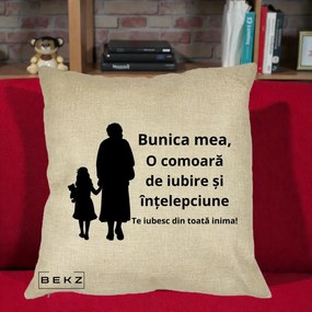 Cadou pentru Bunica - Perna Personalizata Bunica Mea Comoara Iubire Intelepciune Silueta, 40x40 cm, Crem, Husa Detasabila, Perna Inclusa, BEKZ®