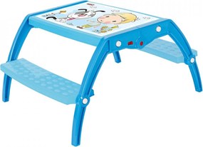 Masuta copii din plastic aditivat cu doua bancute Novokids™ Study Table, 95X78X49 cm, Suprafata lucioasa, Model Baietel cu Catelus, Albastru