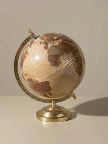 Glob pământesc decorativ din hârtie și metal, natur și maro, hartă în tonuri calde, bază aurie profilată, finisaj lucios, 28 x 20 cm, „Atlas”