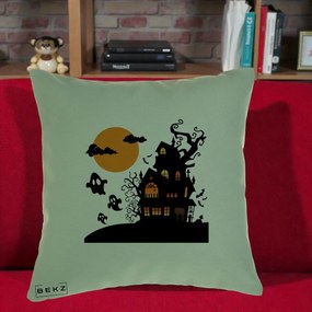 Perna Decorativa Halloween Casa Bantuita cu Fantome, 40x40 cm, Verde, Husa Detasabila, Perna Inclusa, BEKZ®