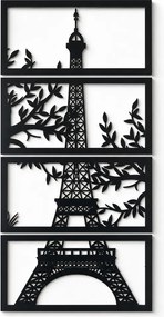 Decorațiune de perete Turnul Eiffel în 4 panouri, siluetă neagră cu frunze 33 x 16 cm