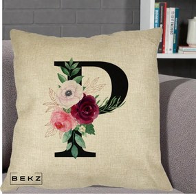 Cadou Personalizat - Perna Personalizata Monograma Florala Litera P, 40x40 cm, Crem, Husa Detasabila, Perna Inclusa, BEKZ®