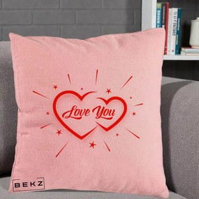 Cadou Romantic - Perna Personalizata Love You Doua Inimi, 40x40 cm, Roz, Husa Detasabila, Perna Inclusa, BEKZ®