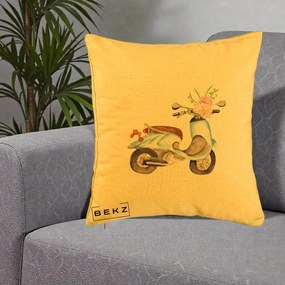 Perna Decorativa Scuter Albastru cu Flori Acuarela, 40x40 cm, Galben, Husa Detasabila, Perna Inclusa, BEKZ®