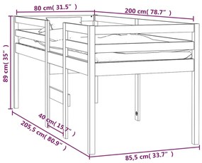 Pat inalt de dormitor, alb, 80x200 cm, lemn masiv de pin