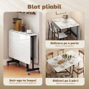 HOMCOM Masă de Dining Pliabilă, Masă Rabatabilă cu Roți și Frâne pentru 4-6 Persoane, Birou Compact cu Structură din Oțel, pentru Living, 120x80x73 cm, Alb cu Aspect de Lemn | Aosom Romania