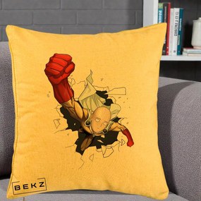 Perna Personalizata One Punch Man Saitama Pumn, 40x40 cm, Galben, Husa Detasabila, Perna Inclusa, BEKZ®