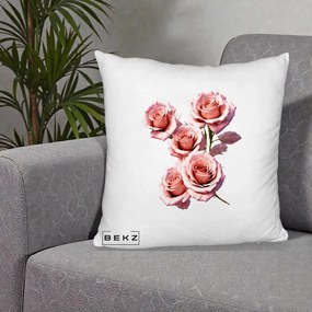 Perna Decorativa Trandafiri Roz Pastel Acuarela, 40x40 cm, Alb Pufos, Husa Detasabila, Perna Inclusa, BEKZ®