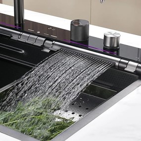 Chiuveta Bucatarie Multifunctionala LS cu LED, Inox, Gri Inchis – Negru 75×45 cm