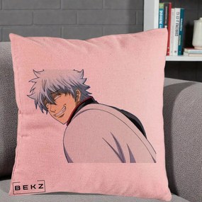 Perna Personalizata Gintama Gintoki Portret cu Zambet, 40x40 cm, Roz, Husa Detasabila, Perna Inclusa, BEKZ®