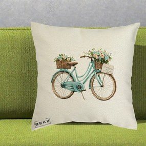 Perna Decorativa Bicicleta Teal cu Cosuri Duble de Flori Vintage, 40x40 cm, Ecru, Husa Detasabila, Perna Inclusa, BEKZ®