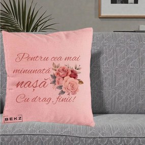 Cadou pentru Nasa - Perna Personalizata Pentru Cea mai Minunata Nasa Cu drag Finii, 40x40 cm, Roz, Husa Detasabila, Perna Inclusa, BEKZ®