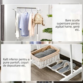 HOMCOM Suport de Haine din Oțel Inoxidabil, Reglabil pe Înălțime cu Bază de Depozitare și 4 Roți, 68,5x42x87-145 cm, Alb și Argintiu | Aosom Romania