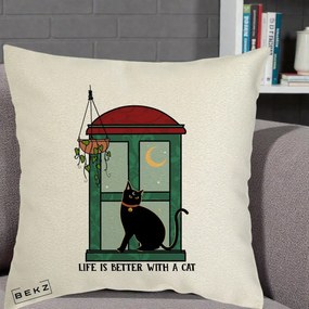 Perna Personalizata Life is Better with a Cat Geam, 40x40 cm, Ecru, Husa Detasabila, Perna Inclusa, BEKZ®