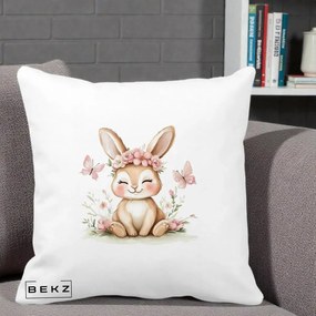 Perna Decorativa Iepuras cu Coronita Florala Roz, 40x40 cm, Alba Mata, Husa Detasabila, Perna Inclusa, BEKZ®