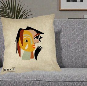 Perna Decorativa Portret Abstract Galben-Ocru, 40x40 cm, Crem, Husa Detasabila, Perna Inclusa, BEKZ®