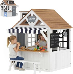 AIYAPLAY Căsuță pentru copii în aer liber din lemn, casă pentru copii în aer liber cu ușă pentru animale, ustensile de bucătărie, banc și sonerie, alb | Aosom Romania