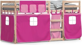 vidaXL Pat supraetajat cu perdele, roz, 90x200 cm, lemn masiv pin