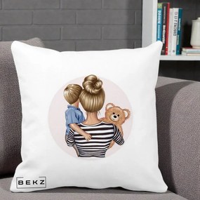 Cadou pentru Mama - Perna Personalizata Mama si Baietelul cu Ursulet, 40x40 cm, Alba Mata, Husa Detasabila, Perna Inclusa, BEKZ®