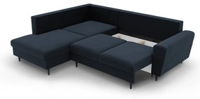 Colțar albastru închis extensibil, cu spațiu de depozitare cu tapițerie din catifea (cu colț pe partea stângă-în formă de ”L”) Kyoto – Cosmopolitan Design