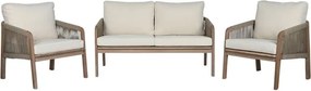 Set lounge exterior premium din lemn de acacia cu frânghie împletită, canapea, 2 fotolii și măsuță cu perne din stofă, „Capri”