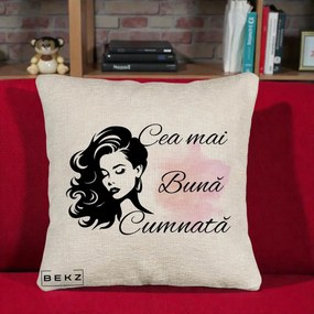 Cadou pentru Cumnata - Perna Personalizata Cea mai Buna Cumnata cu Silueta Dama si Pete Roz, 40x40 cm, Bej Canapea, Husa Detasabila, Perna Inclusa, BEKZ®