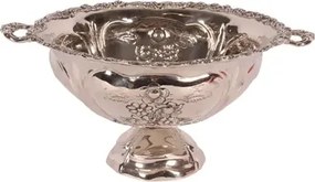 Bol de servire oval din alamă lucrată manual, argintiu, pe picior, cu două mânere și struguri în relief, fructieră și centru de masă, 19,5 x 41 x 33