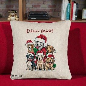 Perna Decorativa Caini cu Bonete Craciun Fericit, 40x40 cm, Bej Canapea, Husa Detasabila, Perna Inclusa, BEKZ®