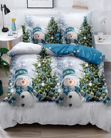 Set lenjerie de pat Mos Crăciun cu elastic, tesatura tip finet, 6 piese, pat 2 persoane, alb / verde, FNJEC-07