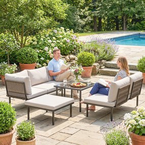 Outsunny Set mobilă de grădină din metal pentru 6 persoane, canapea colțar cu perne, Gri Deschis | Aosom Romania