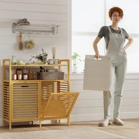 HOMCOM Mobilier pentru Rufe de Baie cu 2 Compartimente Basculante, 82L, Suport pentru Rufe Murdare din Bambus cu Coșuri Detașabile și Lavabile și 2 Rafturi, pentru Spălătorie și Baie, 82x33x88 cm, Culoare Lemn | Aosom Romania