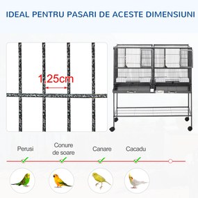 PawHut Colivie Dubla pentru Pasari din Metal cu Tavi Detasabile Suport cu 4 Roti si Raft,95x45.5x102cm, Neagra Gri | Aosom Romania