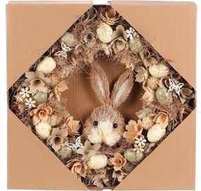 Coroană de Paște Iepure maro cu flori și ouă,diametru 45 cm, 45 x 45 x 9 cm