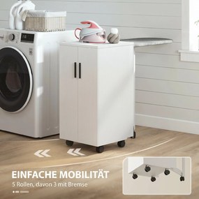 HOMCOM Mobilier pentru Masa de Călcat Pliabil cu Roți, Raft Reglabil și Închidere Soft Close, din Lemn și Material Textil, 128x43x83 cm, Alb | Aosom Romania