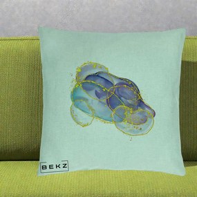Perna Decorativa Abstract Acuarela Albastru-Mov cu Cercuri Aurii, 40x40 cm, Verde Menta, Husa Detasabila, Perna Inclusa, BEKZ®