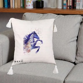 Perna Decorativa Cal Albastru Acuarela, 40x40 cm, Bej cu Franjuri, Husa Detasabila, Perna Inclusa, BEKZ®