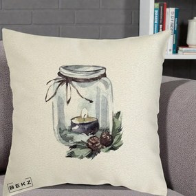 Perna Decorativa Felinar cu Lumanare si Conuri, 40x40 cm, Ecru, Husa Detasabila, Perna Inclusa, BEKZ®