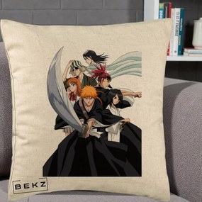 Perna Personalizata Bleach Grup Complet Ichigo si Prietenii, 40x40 cm, Bej, Husa Detasabila, Perna Inclusa, BEKZ®