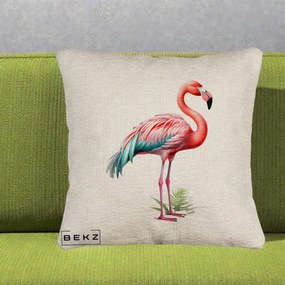 Perna Decorativa Flamingo Roz cu Pene Teal, 40x40 cm, Bej Canapea, Husa Detasabila, Perna Inclusa, BEKZ®