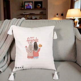 Cadou pentru Prieteni - Perna Personalizata Best Friends Toamna, 40x40 cm, Bej cu Franjuri, Husa Detasabila, Perna Inclusa, BEKZ®